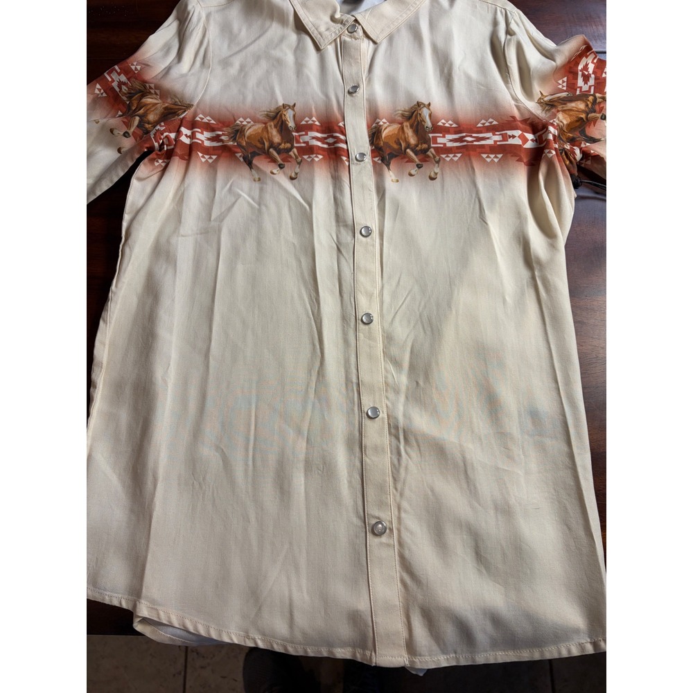 Rock & Roll Denim Women Cream Horse Print Western Snap Shirt Oversized Medium